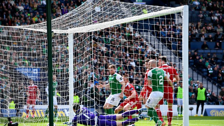 Hibs goalkeeper Ofir Marciano cannot prevent Ryan Christie from making it 2-0 with a free-kick