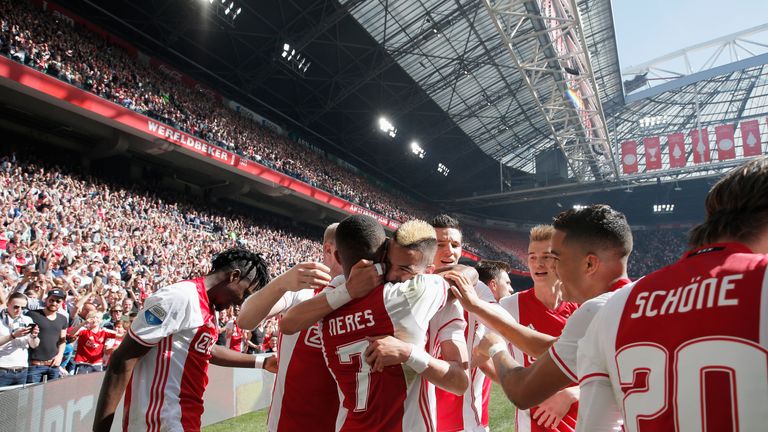 David Neres of Ajax celebrates scoring his team's second goal of the game against Feyenoord