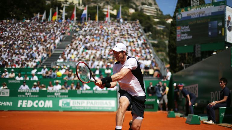 Britain's Andy Murray retuns the ball to Spain's Rafael Nadal in the Monte-Carlo ATP Masters Series Tournament semi-final tennis match, on April 16, 2016 i