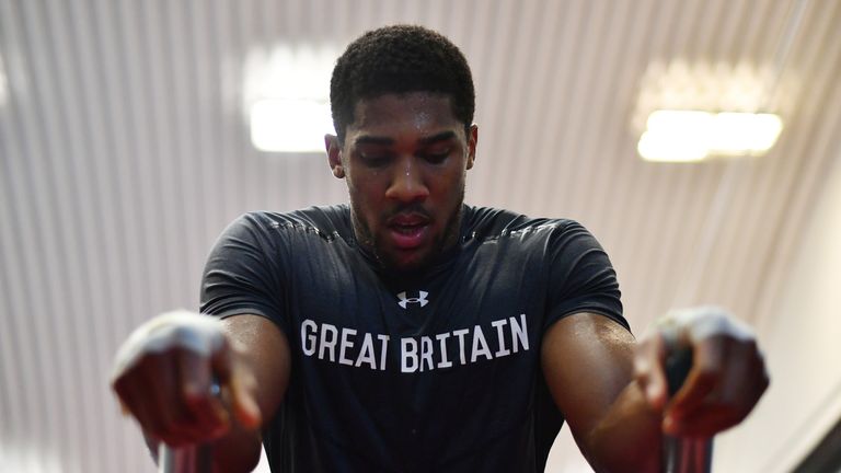 SHEFFIELD, ENGLAND - APRIL 19:  Anthony Joshua trains during the media workout at EIS Sheffield on April 19, 2017 in Sheffield, England.  (Photo by Dan Mul