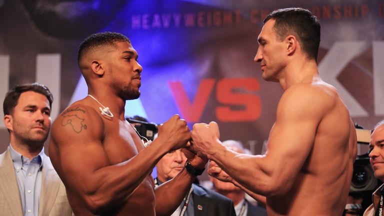 LONDON, ENGLAND - APRIL 28:  Anthony Joshua and Wladimir Klitschko face each other during the weigh-in prior to the Heavyweight Championship contest at Wem
