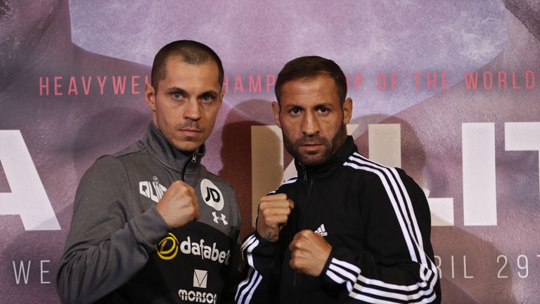 Scott Quigg and Viorel Simion pose for the press ahead of their fight at Wembley Stadium.