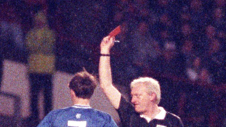 David Robertson is shown a straight red card after just six minutes of Rangers' 1-0 Scottish Cup semi-final win over Celtic in 1992