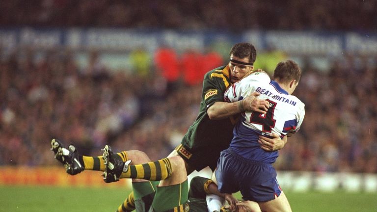 20 Nov 1994:  Paul Newlove of Great Britain is tackled by Ian Roberts of Australia during the Third Test match at Headingley in Leeds, England. Australia w
