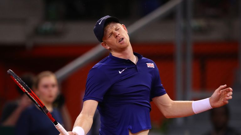ROUEN, FRANCE - APRIL 07:  Kyle Edmund of Great Britain reacts during the singles match against Lucas Pouille of France on day one of the Davis Cup World G