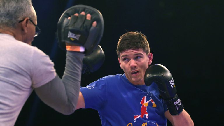 British lightweight Luke Campbell takes part in a work-out at Wembley Stadium in north west London on April 26, 2017. / AFP PHOTO / Daniel LEAL-OLIVAS     