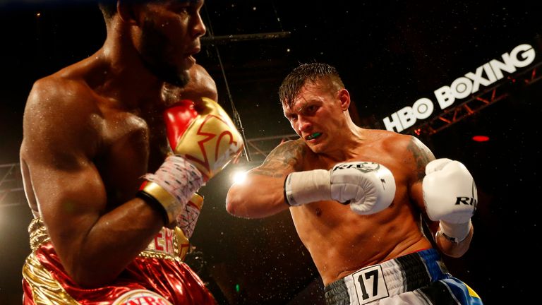 OXON HILL, MD - APRIL 8: Aleksandr Usyk (R) of Ukraine exchanges punches with Mike Hunter during their WBO Cruiserweight World Championship bout at The The