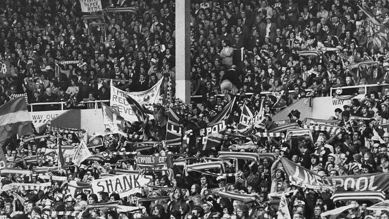 Liverpool fans at Wembley Stadium, London, for the F.A Cup final against Newcastle United, 4th May 1974.