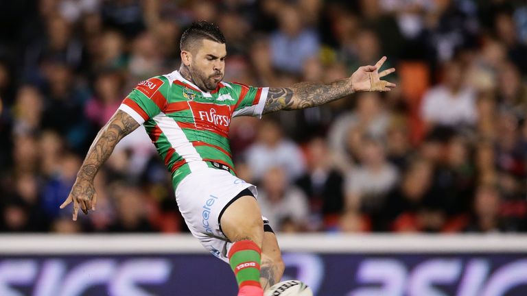 Adam Reynolds of the Rabbitohs kicks during the round six NRL match between the Penrith Panthers and the South Sydney Rabbitos