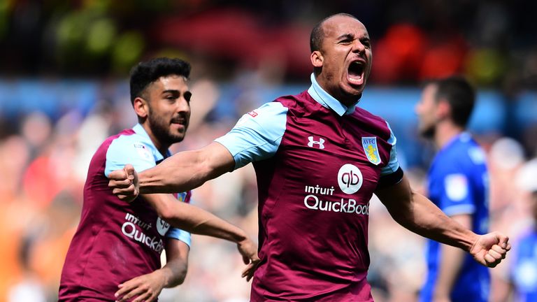 Aston Villa's Gabriel Agbonlahor celebrates scoring against Birmingham City