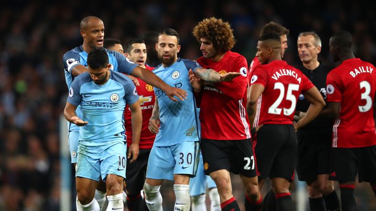 Marouane Fellaini was sent off for a headbutt on Sergio Aguero late on in the Manchester derby