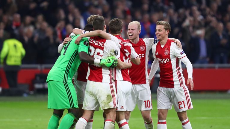 during the UEFA Europa League quarter final first leg match between Ajax Amsterdam and FC Schalke 04 at 