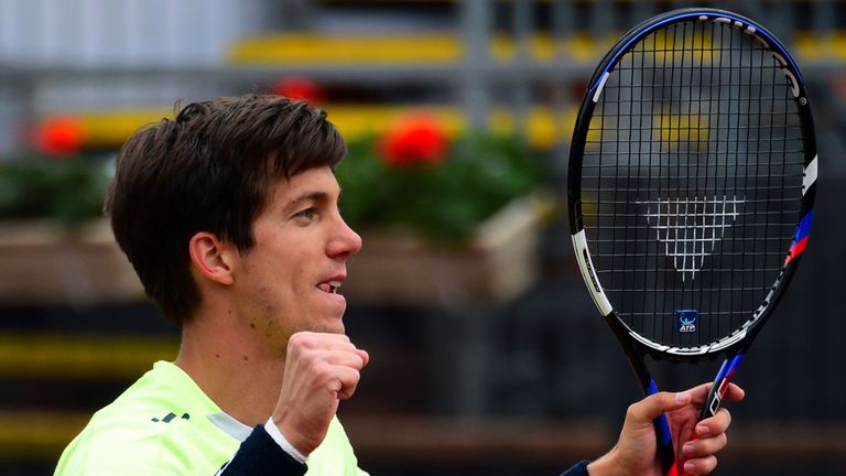 Britain's Aljaz Bedene celebrates his victory Serbia's Laslo Djere during their semifinal tennis match at the Hungarian Open in Budapest, on April 29, 2017