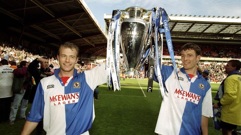 14 May 1998:  Alan Shearer and Chris Sutton of Blackburn Rovers celebrate with the Premiership trophy after winning the Premiership title