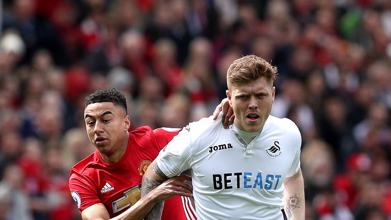 Swansea City's Alfie Mawson (right) and Manchester United's Jesse Lingard (left) battle for the ball during the Premier League match at Old Trafford, Manch