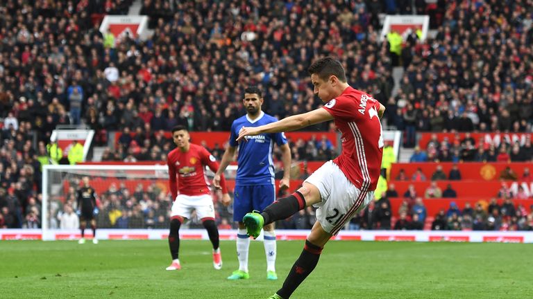 Ander Herrera of Manchester United scores his side's second goal during the Premier League match v Chelsea at Old Trafford
