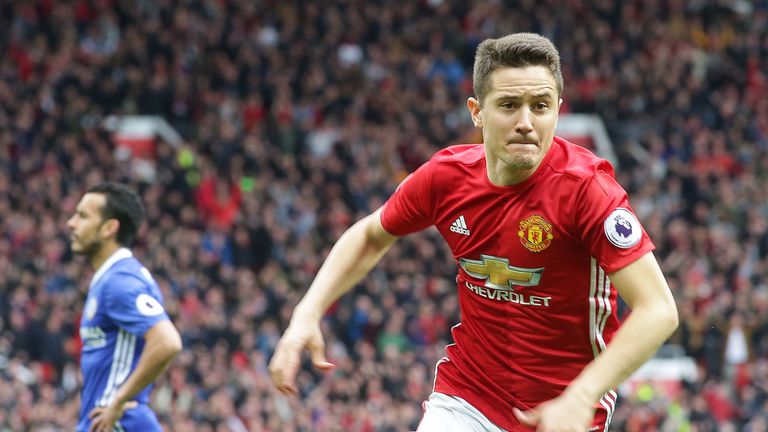 Ander Herrera celebrates his goal against Chelsea at Old Trafford on April 16