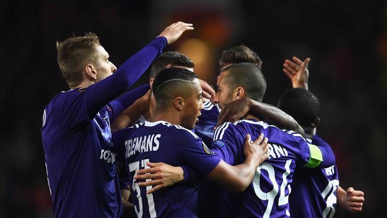 MANCHESTER, ENGLAND - APRIL 20:  Sofiane Hanni of RSC Anderlecht (94) celebrates as he scores their first goal with team mates during the UEFA Europa Leagu