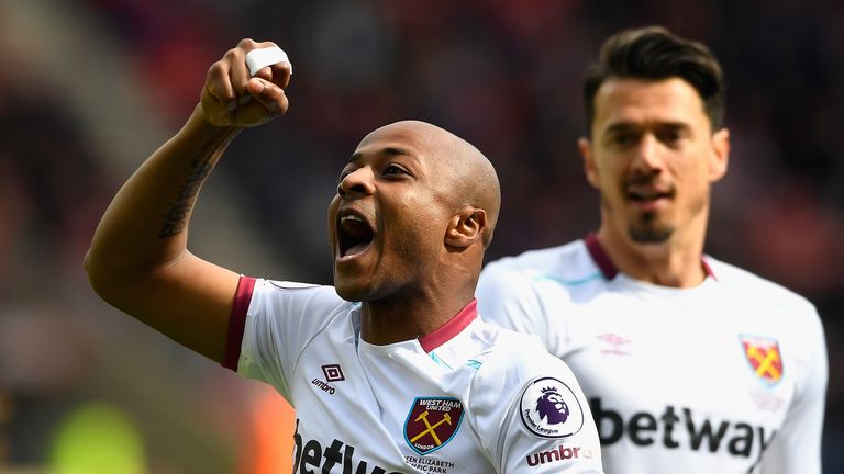 Andre Ayew celebrates after opening the scoring in the game against Sunderland