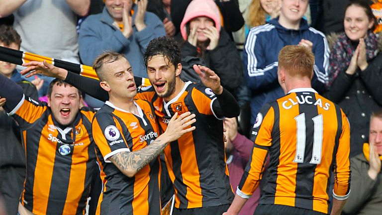 Hull City's Andrea Ranocchia celebrates scoring his side's second goal of the game with team-mates during the Premier League match v West Ham