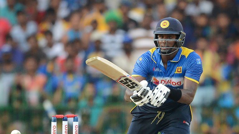Sri Lanka's captain Angelo Mathews plays a shot during the second one-day International (ODI) cricket match between Sri Lanka and Australia at The R Premad