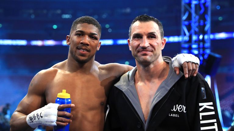 LONDON, ENGLAND - APRIL 29:  Winner, Anthony Joshua (L) stands with Wladimir Klitschko following the IBF, WBA and IBO Heavyweight World Title bout at Wembl