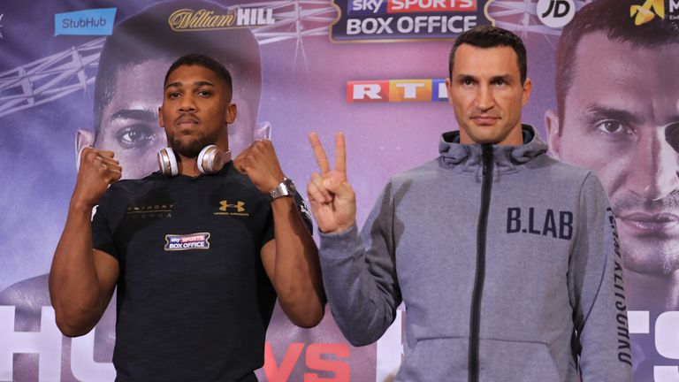 Anthony Joshua and Wladamir Klitschko take part in a press conference ahead of their Wembley showdown