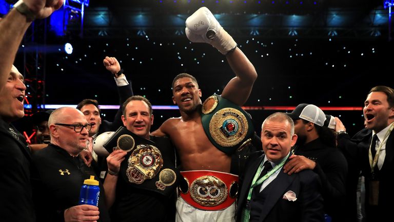 Anthony Joshua celebrates victory over Wladimir Klitschko in the IBF, WBA and IBO Heavyweight World Title bout at Wembley Stadium