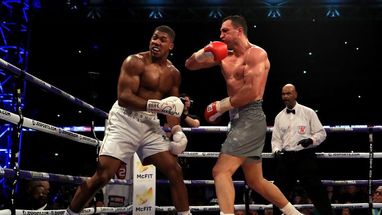 LONDON, ENGLAND - APRIL 29:  Anthony Joshua and Wladimir Klitschko in action during the IBF, WBA and IBO Heavyweight World Title bout at Wembley Stadium on