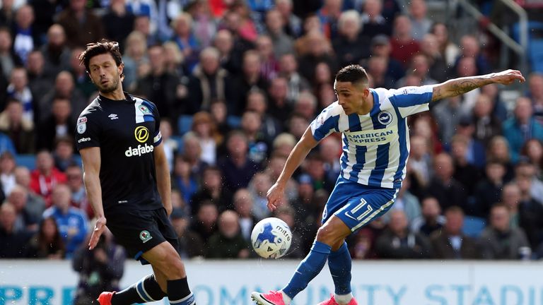 Brighton & Hove Albion's Anthony Knockaert (right) takes a shot past Blackburn Rovers' Jason Lowe during the Sky Bet Championship match at the Amex Stadium