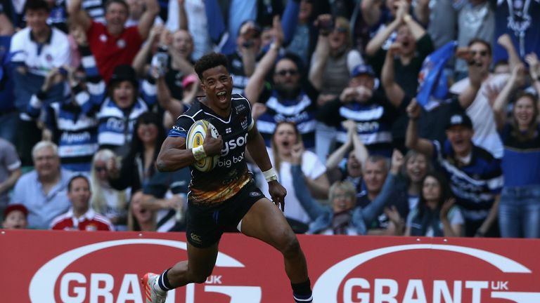 Anthony Watson of Bath breaks clear to seal the victory