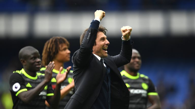 Antonio Conte, manager of Chelsea celebrates after the Premier League match between Everton and Chelsea at Goodison Park