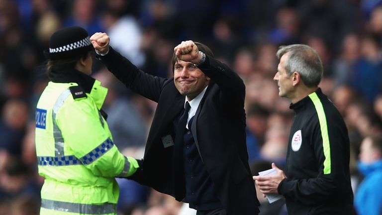 Antonio Conte celebrated wildly on the touchline during Chelsea's win over Everton
