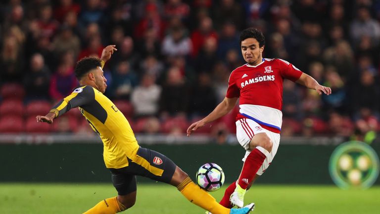 MIDDLESBROUGH, ENGLAND - APRIL 17:  Fabio da Silva of Middlesbrough takes on Alex Oxlade-Chamberlain of Arsenal during the Premier League match between Mid