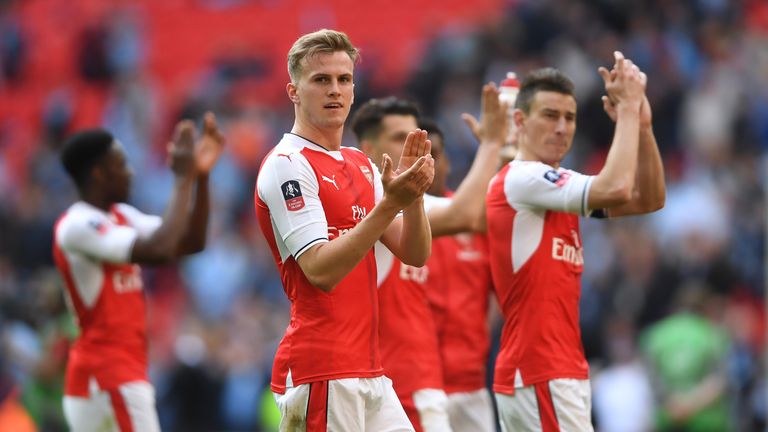 LONDON, ENGLAND - APRIL 23:  Rob Holding and Arsenal players applaud supporters after the Emirates FA Cup Semi-Final match between Arsenal and Manchester C