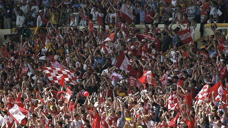 General view of the Arsenal fans during the FA Cup final against Newcastle United at Wembley Stadium in London. Arsenal won the match 2-0. \ 