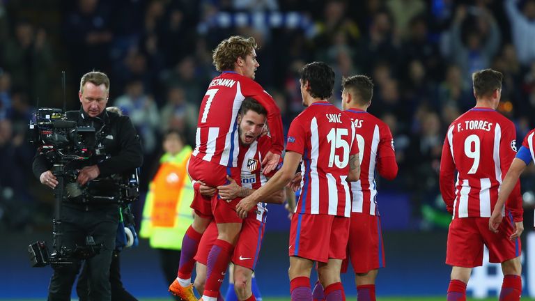 Antoine Griezmann of Atletico Madrid celebrates with his Atletico Madrid team mates after the UEFA Champions League Quarter Final