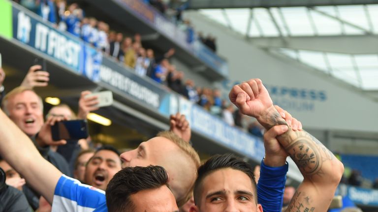 BRIGHTON, ENGLAND - APRIL 17:  Sam Baldock and Anthony Knockhaert of Brighton salute the fans after the Sky Bet Championship match between Brighton & Hove 