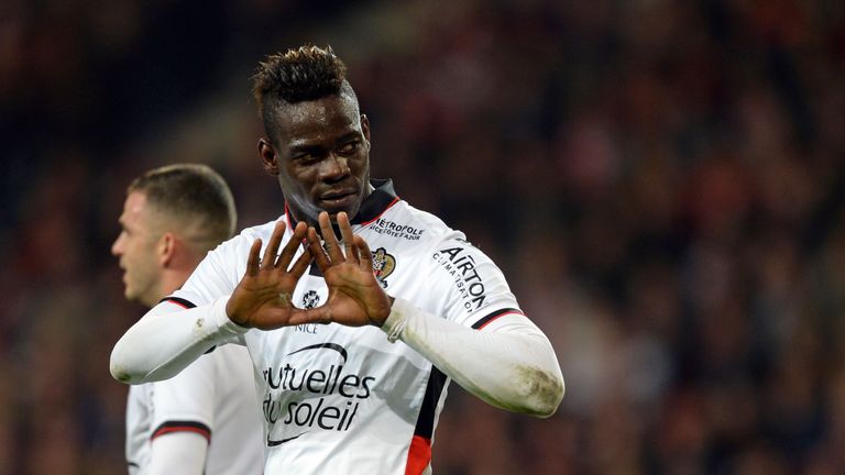 Nice's Italian forward Mario Balotelli gesture after scoring a goal during the French L1 football match between Lille (LOSC) and Nice (OGCN) at the Pierre-