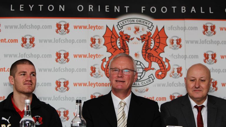 LONDON, ENGLAND - FEBRUARY 16:  (L-R)  Ben Chorley, Barry Hearn and Russell Slade speak at the Leyton Orient FA Cup Media Day at Matchroom Stadium on Febru
