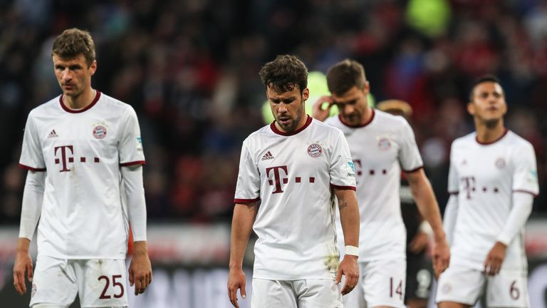 LEVERKUSEN, GERMANY - APRIL 15: Thomas Mueller (L-R), Juan Bernat, Xabi Alonso and Thiago Alcantara do Nascimento of Bayern react after the Bundesliga matc