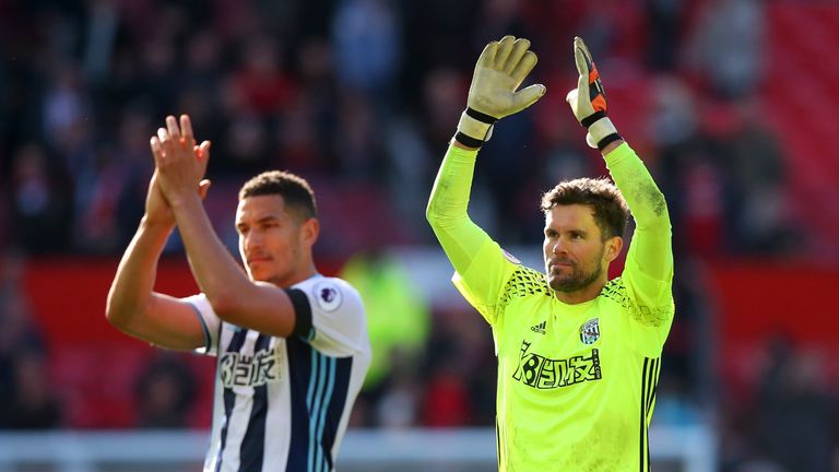 Ben Foster of West Bromwich Albion (R) shows appreciation to the fans after the Premier League match between Manchester Un