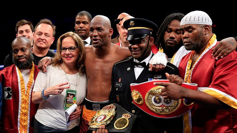  Bernard Hopkins celebrates in the rign after defeating Beibut Shumenov in a 12 round split decision during their IBF Light Heavyweight title