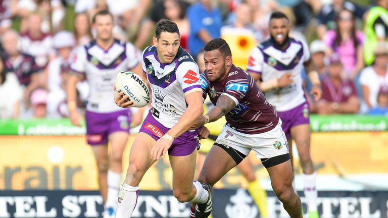 SYDNEY, AUSTRALIA - APRIL 15: Billy Slater of the Storm runs the ball during the round seven NRL match between the Manly Sea Eagles and the Melbourne Storm