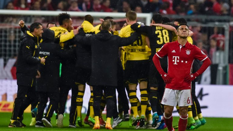 Bayern Munich's Spanish midfielder Thiago Alcantara reacts after the German Cup DFB Pokal semifinal football match between FC Bayern Munich and BVB Borussi