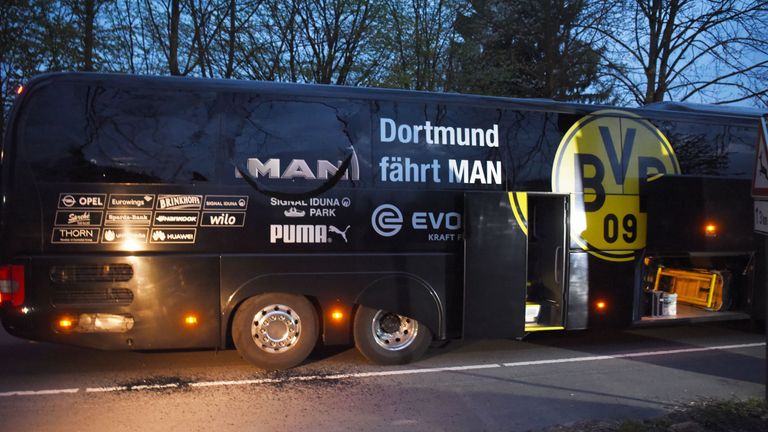 Borussia Dortmund's damaged bus is pictured after Tuesday night's explosion