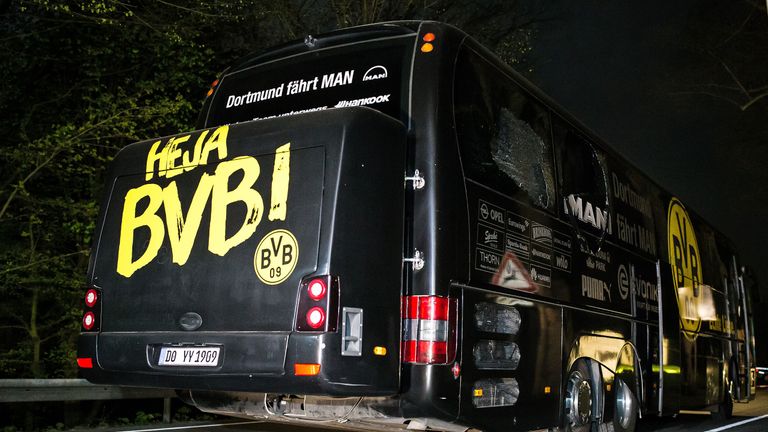 Image shows damage to Borussia Dortmund's team bus after being hit by an explosion