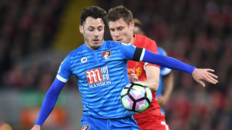 Bournemouth's English defender Adam Smith (L) vies with Liverpool's English midfielder James Milner during the English Premier League football match betwee