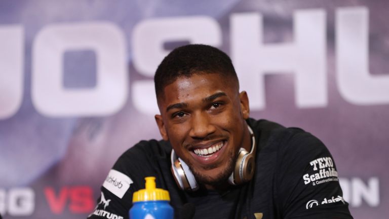 Anthony Joshua smiles during the media conference with Wladimir Klitschko at Sky Central.