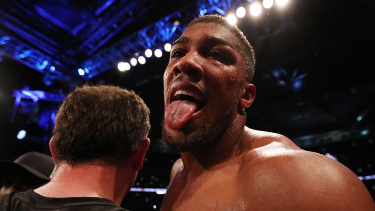 Anthony Joshua reacts to the Wembley crowd after beating Wladimir Klitschko.
